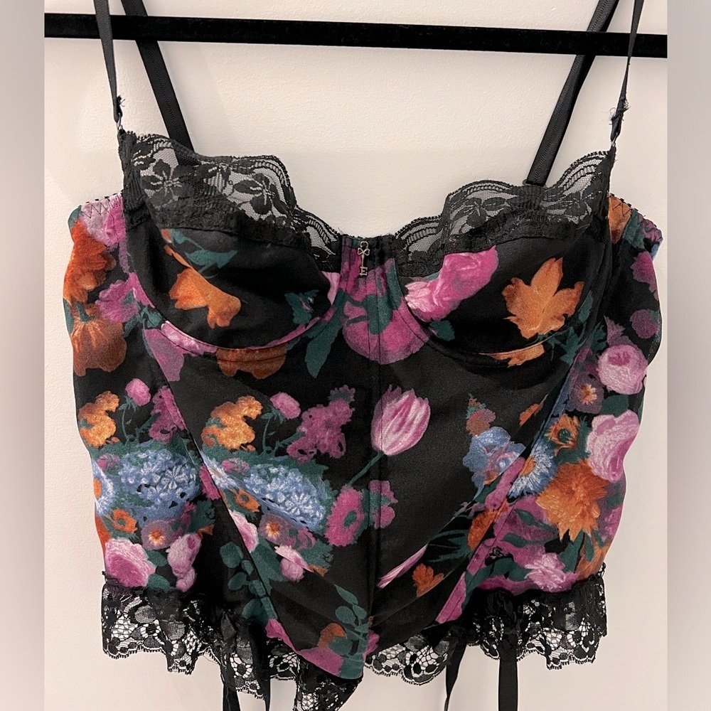 Vintage 80s Escora Black Floral Lace Trim Corset Bralette